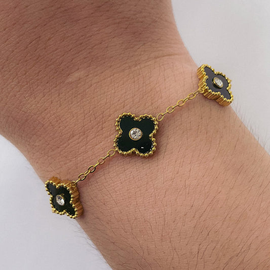 Pulsera de Acero Dorado 316L Trebol con Cristal PADU011