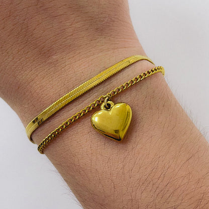 Pulseras Doble de Acero Dorado 316L con Corazon PAD032