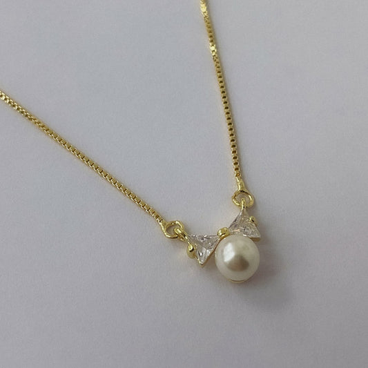 Conjunto Dorado Moño Micro Cristal y Perla COD004