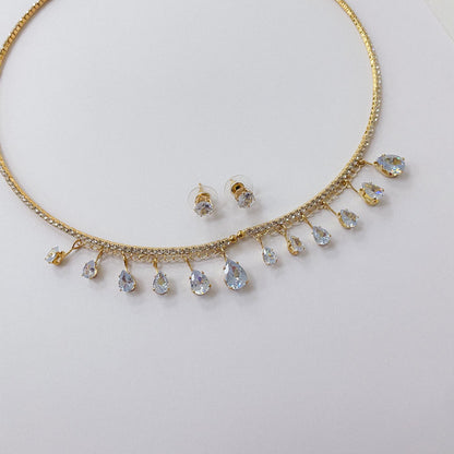 Conjunto Dorado Gargantilla y Aros micro Cristal con Gotas COD050